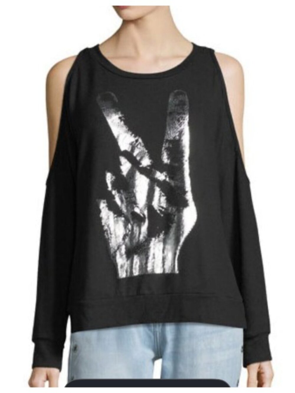 Lauren Moshi Steph Peace Hand Long Sleeve Cold Shoulder Black Sweatshirt  Goth M